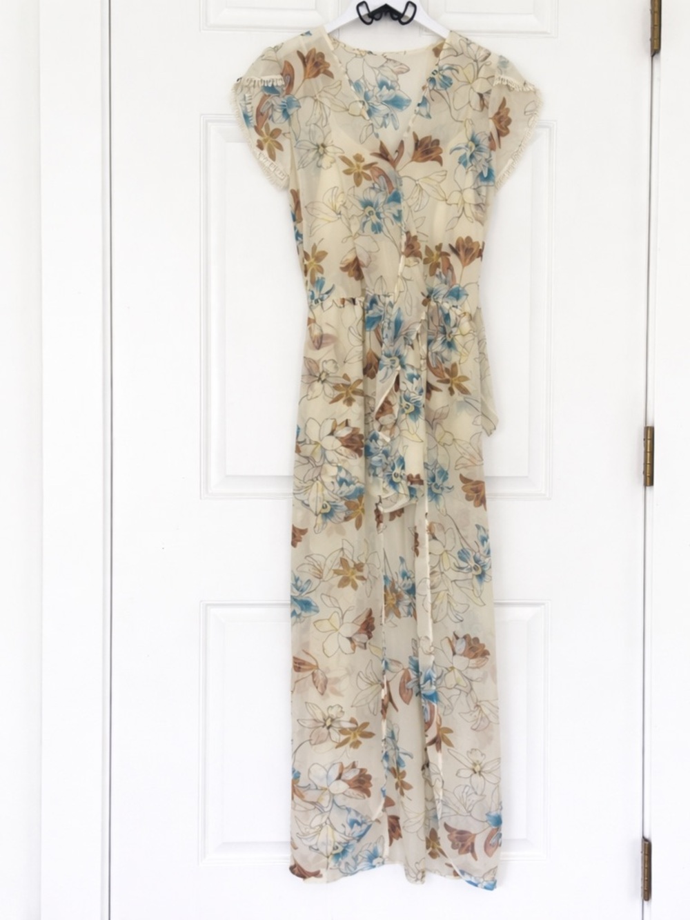 City Triangles Cream Floral Maxi Romper with Blue & Brown Accents